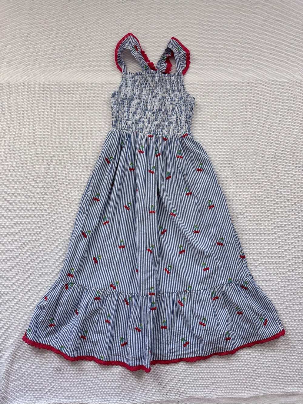Smocked Blue Seersucker Stripe Cherry Embroidered Maxi Dress with Pink Trim